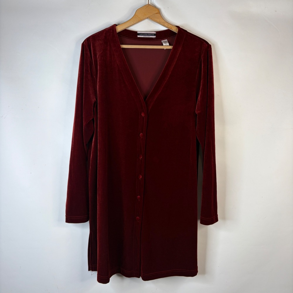 Amanda Smith Velvet Mini Dress Women 14 Burgundy Button Front Long Sleeve V-Neck